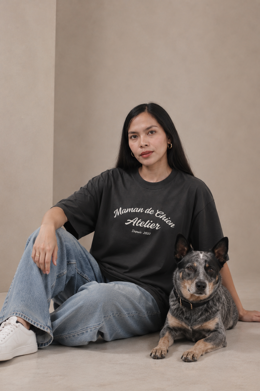 Maman de Chien Atelier in Heritage Script-Oversized Heavyweight Tee -Personalised Dog Mum T-shirt